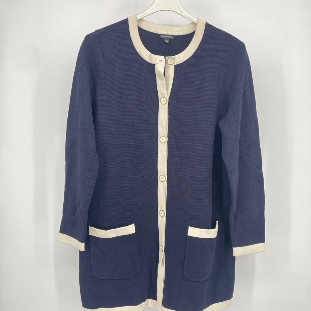 Talbots New Navy Cream Trim Cardigan Button Front Long Sleeve‎ Women's Size L